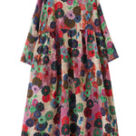 Long Sleeves Loose Flower Print Pockets Split-Joint Round-Neck Midi Dresses