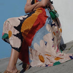 Scoop Neck Color Block Floral Print Ruffle Maxi Cami Dress