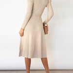 High Waisted Long Sleeves Solid Color Tied Waist Round-Neck Midi Dresses Sweater Dresses