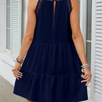 A-Line Loose Hollow Pleated Solid Color Split-Joint Round-Neck Mini Dresses