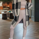 Khaki Plaid Print Pocket Open Front Long Cardigan