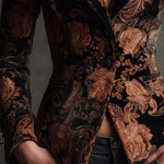 Velvet Floral Print Blazer In Black And Bronze