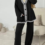 Fashion Casual Knitted Long Sleeve Pocket Cardigan and Elastic Waist Loose Wide Leg Pants Set