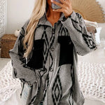 Gray Aztec Contrast Chest Pockets Loose Shacket