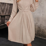 Long Sleeves Loose Pleated Solid Color Split-Joint Tied Waist Round-Neck Midi Dresses