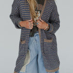 Fashion Contrast Striped Loose Long-sleeved Mid-length Knitted Cardigan