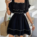 A-line High Waisted Elasticity Pleated Ruffle Trim Solid Color Square-neck Mini Dresses