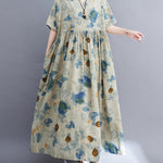 Artistic Retro Loose Floral Printed Pleated Vacation Midi Dress
