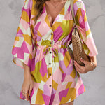 A-Line Half Sleeves Buttoned Drawstring Printed V-Neck Mini Dresses