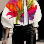 Loose Puff Sleeves Asymmetric Floral Printed Split-Joint High Neck Outerwear