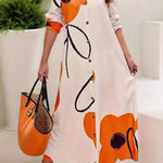 Long Sleeves Loose Floral Printed Split-Joint Lapel Maxi Dresses Shirt Dress