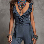 Boho-Vintage Elegant Ruffled V-Neck Cotton-Linen Jumpsuit