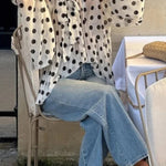 Polka Dot Print Tie-waist Lantern Sleeve Elegant Loose Shirt