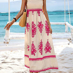 A-Line Loose Elasticity Pleated Printed Split-Joint Square-Neck Maxi Dresses