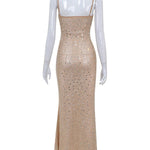 Bodycon Skinny See-Through Sequined Split-Joint Spaghetti-Neck Maxi Dresses