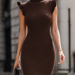 Chocolate Brown Ribbed Turtleneck Ruffle Midi Dress