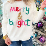 White Glitter Merry & Bright Round Neck Knit Sweater