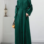 Casual Long Sleeves Loose Tied Pleated Stand Collar Midi Dresses