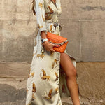 Now Trending Tiger Print Satin Shirt Maxi Dress