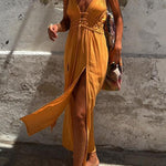Linen Blend Elastic Waist Halter Backless Pocket Slit Midi Dress