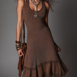 Bohemian Shiny Knitted Sleeveless Midi Dress With Lace Trim