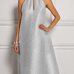 A-Line Loose Hollow Pleated Shiny Solid Color Halter-Neck Maxi Dresses