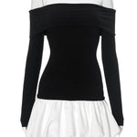 High Waisted Long Sleeves Contrast Color Pleated Split-Joint Off-The-Shoulder Mini Dresses