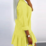 Long Sleeves Loose Buttoned Pleated Solid Color Split-Joint Lapel Mini Dresses Shirt Dress