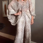 Iselle Animal Print Button Up Batwing Sleeve Shirt and Elastic Waist Wide Leg Pants Set
