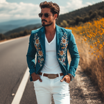 Men's Classic Retro Casual Slim Fit Western Style Embroidered Sheepskin Suede Blazer
