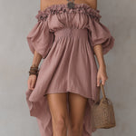 Off-the-shoulder Linen High-low Hem Midi Dress With Ruffles
