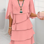 Half Sleeves Loose Layered Ruffled Solid Color Split-Joint Round-Neck Mini Dresses