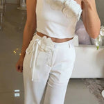 Alick Floral Detail One Shoulder Crop Top and Floral Belt High Waist Pocket Wide Leg Pants Set