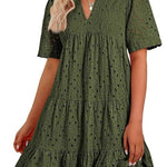Women's V Neck Short Sleeve Hollow Out Mini Vacation Dress