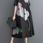 Loose Short Sleeves Buttoned Floral Printed Lapel Collar Midi Dresses