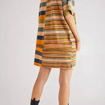 Mid-length Sleeve Lapel Contrast Striped Loose Casual Dress