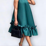 A-Line High Waisted Pleated Pockets Ruffle Trim Solid Color Round-Neck Midi Dresses