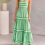Loose Sleeveless Pleated Split-Joint Striped Spaghetti-Neck Maxi Dresses