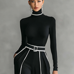 Women's White Trimmed Turtleneck Long Sleeve Top Wide Leg Pants Belt Two-Piece Set