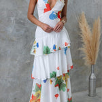 REFRESHING FLORAL PRINT BACK LACE-UP MULTI-TEIR RUFFLE HEM MAXI DRESS