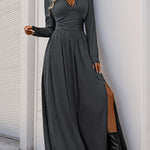 A-Line High Waisted Pleated Solid Color Split-Side V-Neck Maxi Dresses