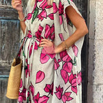 Floral Print Dolman Sleeve Belted Loose Maxi Dress