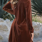 Coffee Roll Tab Sleeve Collared V Neck Velvet Dress