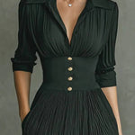 Elegant Pleated Lapel Waisted Long-sleeved Maxi Dress