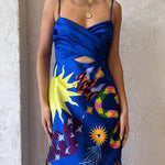 Main Stage Unique Printed Ruched Cross Over Detail Strap Midi Dress