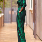 High Waisted Three-Quarter Sleeves Shiny Solid Color Deep V-Neck Jumpsuits Bottoms