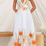 Sunflower Print Halter Backless Waist Tiered Maxi Dress
