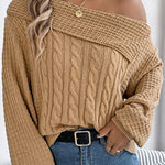 Solid Color Casual One Shoulder Long Sleeve Knitted Sweater