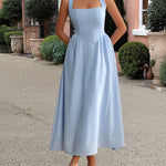 A-Line High Waisted Backless Pleated Solid Color Zipper Halter-Neck Midi Dresses