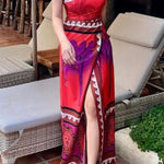 Botanical Floral Print Sexy Stretchy Tube Top High Waist Slit Maxi Dress
